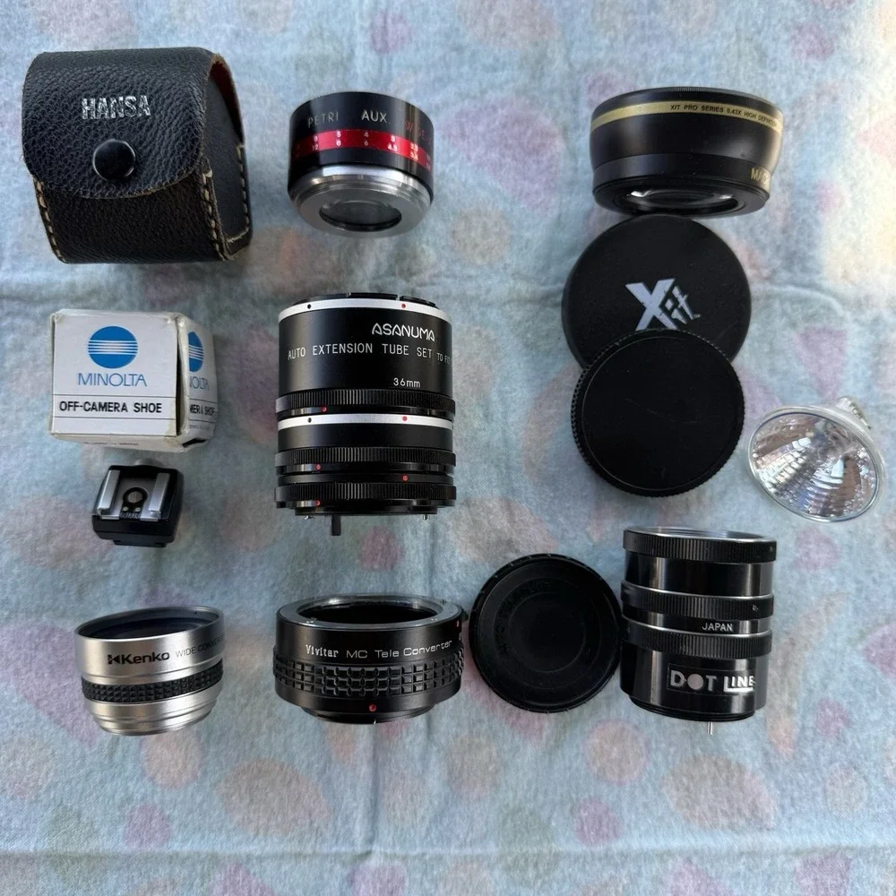 100+ Piece Lot of Camera Lenses,Filters,Extensions, Accessories & Flash-Untested